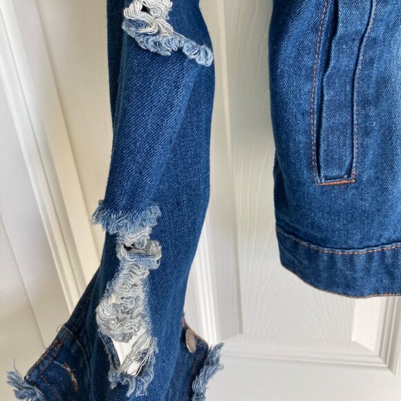 Taxi Womens Distressed Denim Jacket With Ripped Details Long Sleeves & Button Fr - Picture 4 of 15